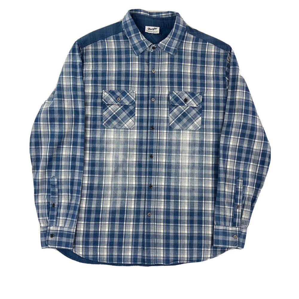 Wrangler Shirt Men's Large Color Block Blue Plaid Western Chambray Cowboy